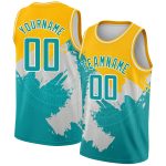 Custom Basketball Jersey - Personalized Gold Aqua-White 3D Pattern Design with Name & Number, Authentic Team Style Personalized