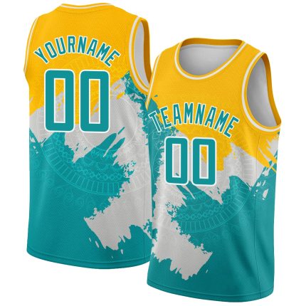 Custom Basketball Jersey - Personalized Gold Aqua-White 3D Pattern Design with Name & Number, Authentic Team Style Personalized