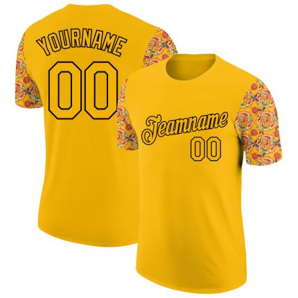 Personalized 3D Gold Black Pizza T-Shirt for Food Lovers, Performance Fabric Personalized Gold Black 3D Food Pizza Performance