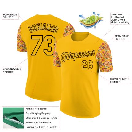 Personalized 3D Gold Black Pizza T-Shirt for Food Lovers, Performance Fabric Personalized Gold Black 3D Food Pizza Performance