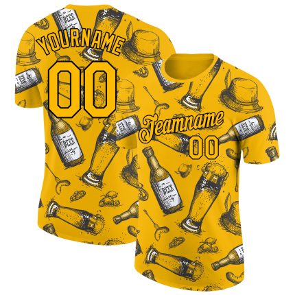 Custom Oktoberfest Beer Festival Performance T-Shirt in Gold and Black - 3D Design Personalized Gold Black 3D Oktoberfest