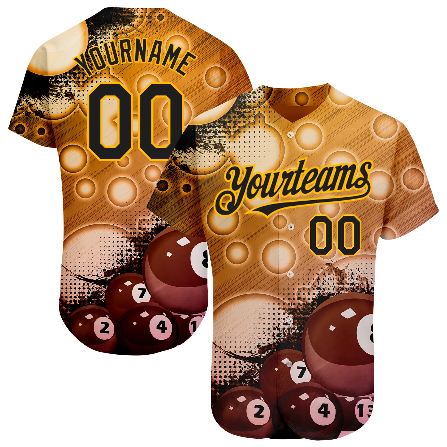 Custom Name and Number Personalized Gold Black 3D Pattern Billiards Baseball Jersey Authentic Design Personalized Gold Black