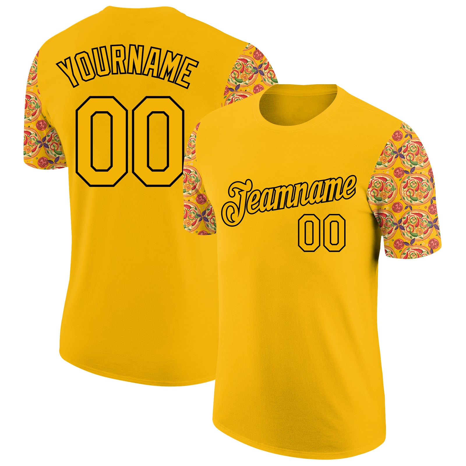 Custom Name and Number Personalized Gold Black 3D Pattern Pizza T-Shirt for Team Performance Personalized Gold Black 3D Pattern