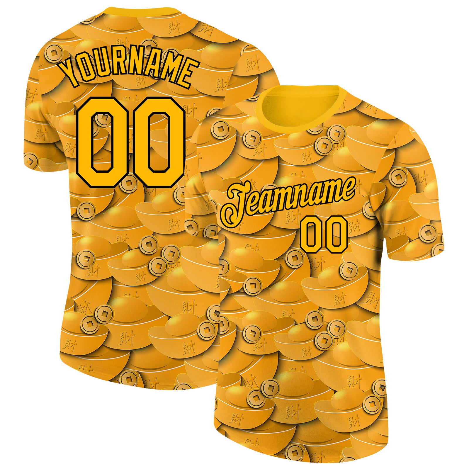Custom Gold Black 3D Pattern T-Shirt with Ingot Money Theme, Personalized Team Name and Number Performance Tee Personalized