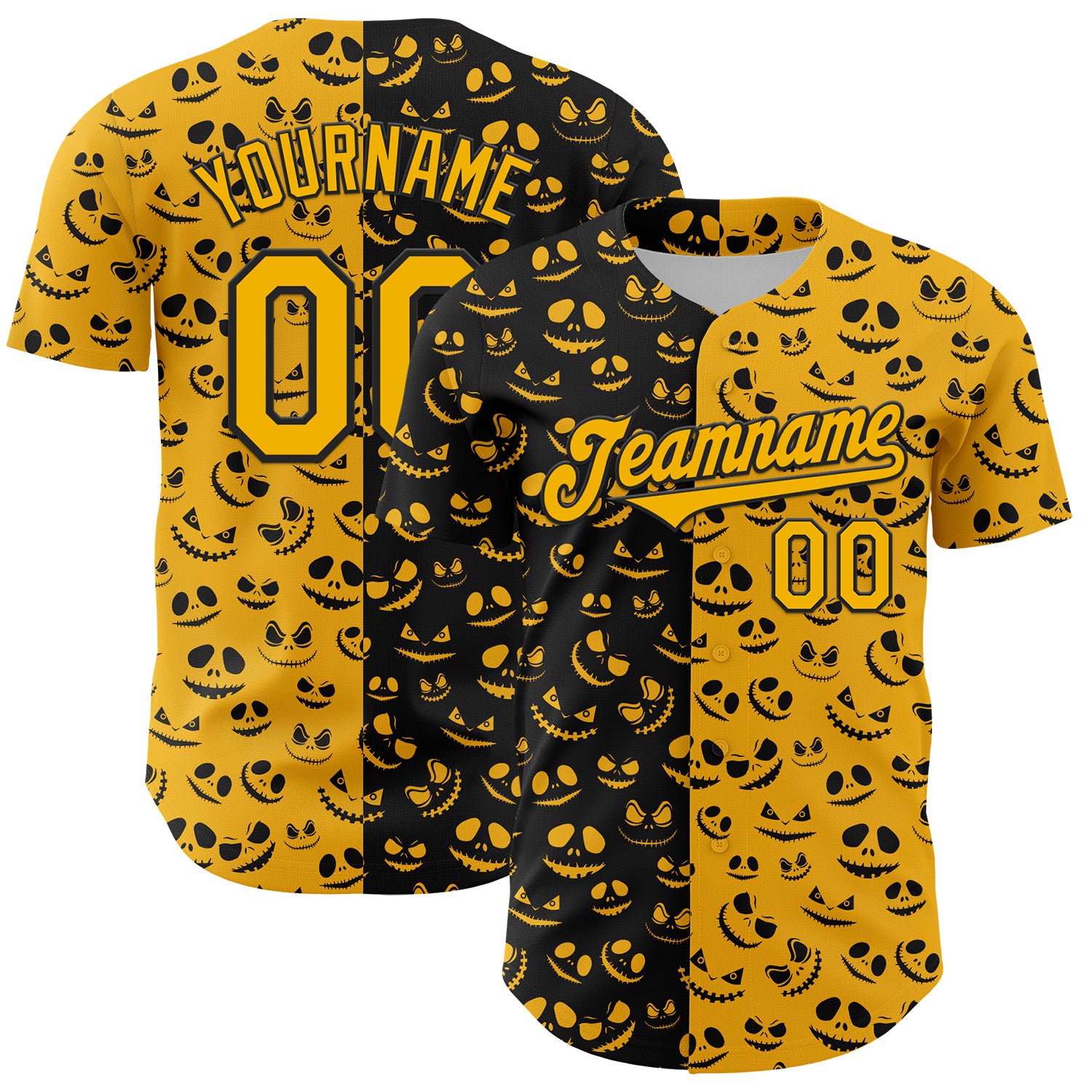 Custom Name Number Pumpkin Design 3D Pattern Authentic Baseball Jersey for Halloween Rave - Personalized Gold Black Team Jersey