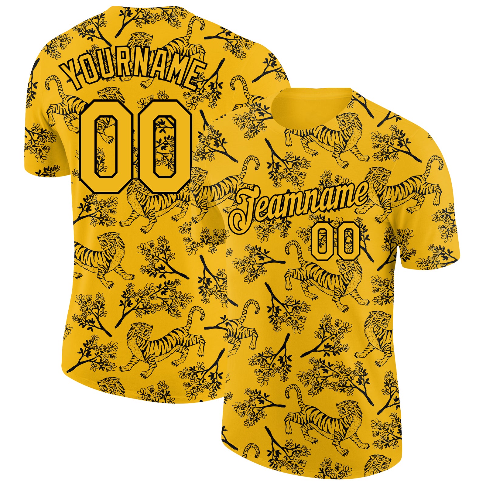 Custom Tiger T-Shirt with Personalized Gold Black 3D Pattern Design - Team Name and Number Performance Shirt Personalized