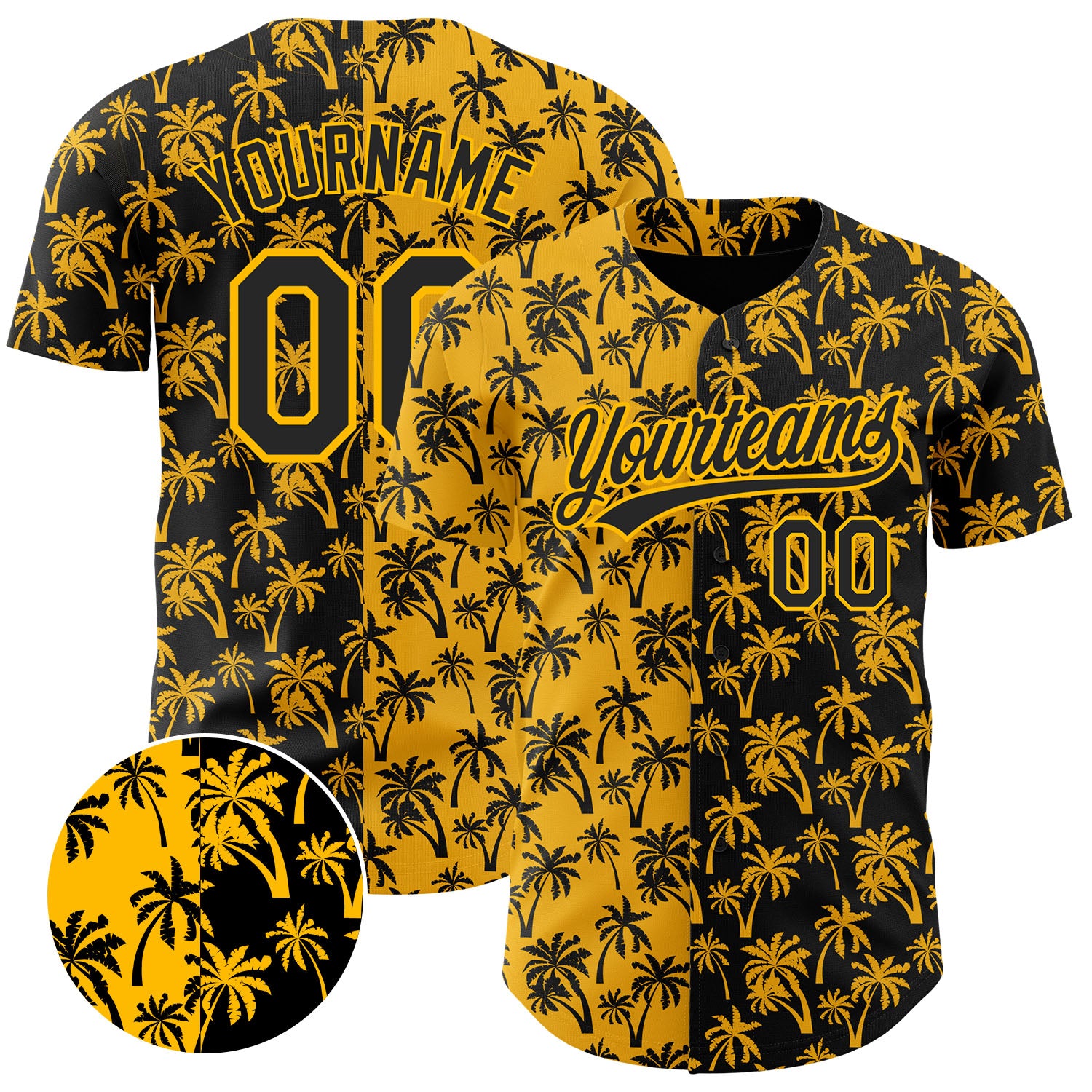 Custom Name Number Baseball Jersey Tropical Hawaii Palm Trees Gold Black 3D Pattern Design Personalized Gold Black 3D Pattern