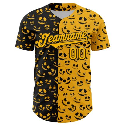 Custom Gold and Black 3D Pumpkin Halloween Baseball Jersey for Rave Events Personalized Gold Black 3D Rave Halloween Pumpkin