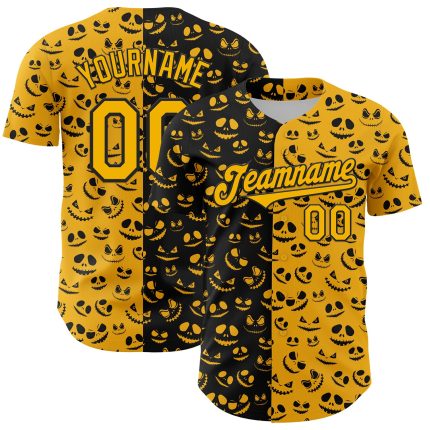 Custom Gold and Black 3D Pumpkin Halloween Baseball Jersey for Rave Events Personalized Gold Black 3D Rave Halloween Pumpkin