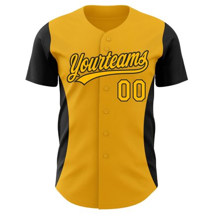 Custom Black Gold 3D Baseball Jersey with Side Stripes - Personalized Sports Apparel Personalized Gold Black 3D Side Stripes