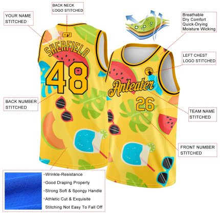 Personalized Gold Black 3D Basketball Jersey for Summer Hawaii Beach Holiday Personalized Gold Black 3D Summer Hawaii Beach