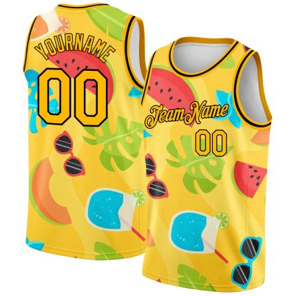 Personalized Gold Black 3D Basketball Jersey for Summer Hawaii Beach Holiday Personalized Gold Black 3D Summer Hawaii Beach