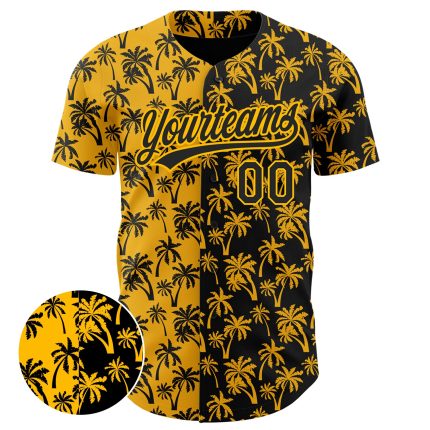 Personalized Gold Black 3D Hawaii Palm Trees Baseball Jersey for Men Women Personalized Gold Black 3D Tropical Hawaii Palm