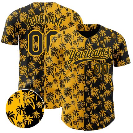 Personalized Gold Black 3D Hawaii Palm Trees Baseball Jersey for Men Women Personalized Gold Black 3D Tropical Hawaii Palm