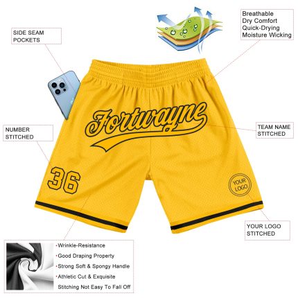 Custom Name and Number Authentic Gold Black Basketball Shorts - Personalized Team Style Personalized Gold Black Authentic