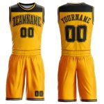 Personalized Gold Black Sublimation Basketball Jersey Suit - Round Neck Design Personalized Gold Black Color Block Round
