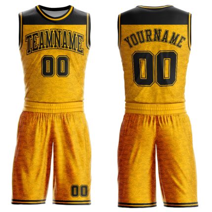 Personalized Black Gold Color Block Basketball Jersey Round Neck Suit Personalized Gold Black Color Block Round Neck Sublimation