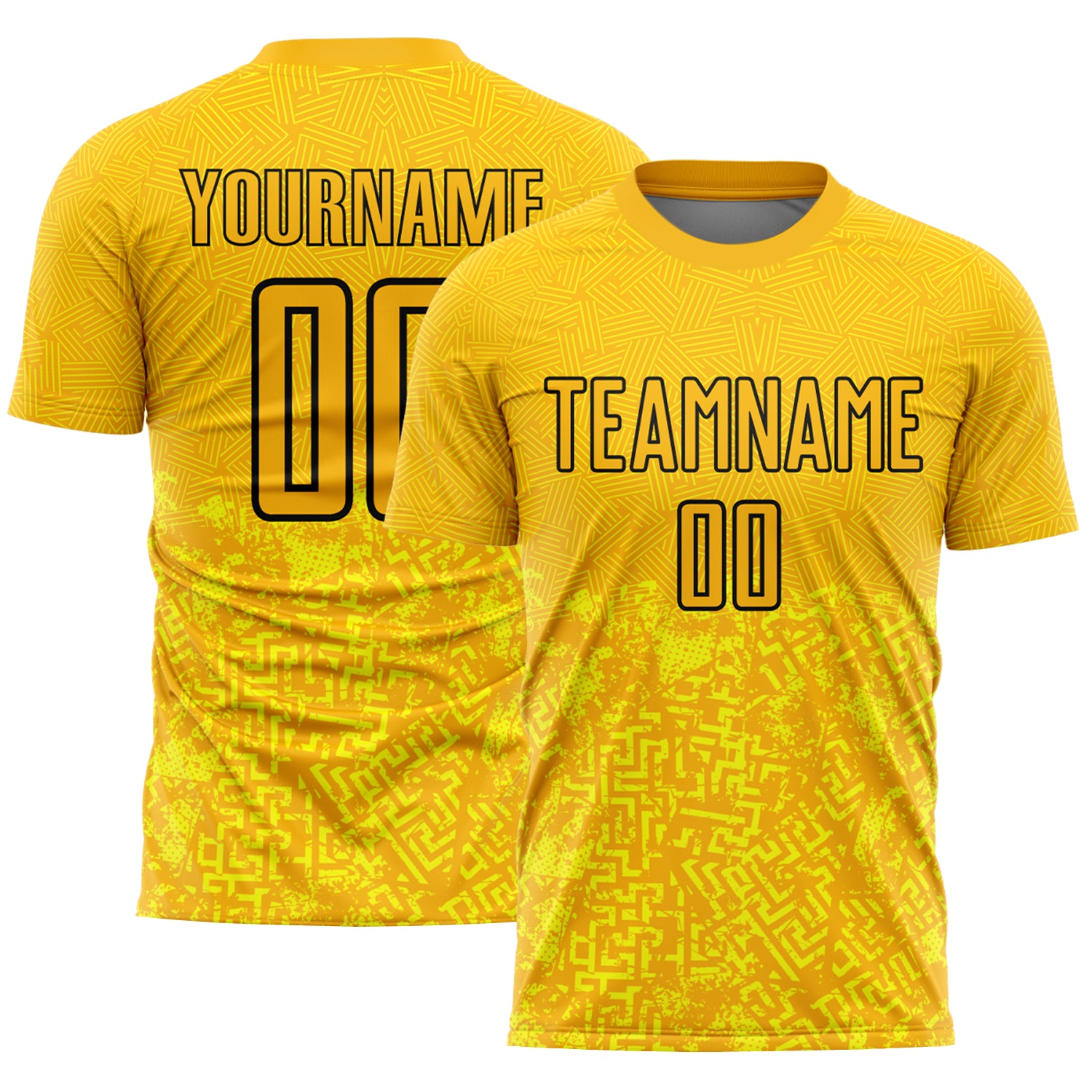 Personalized Gold Black Geometric Soccer Jersey Uniform with Sublimation Design Personalized Gold Black Geometric Shapes