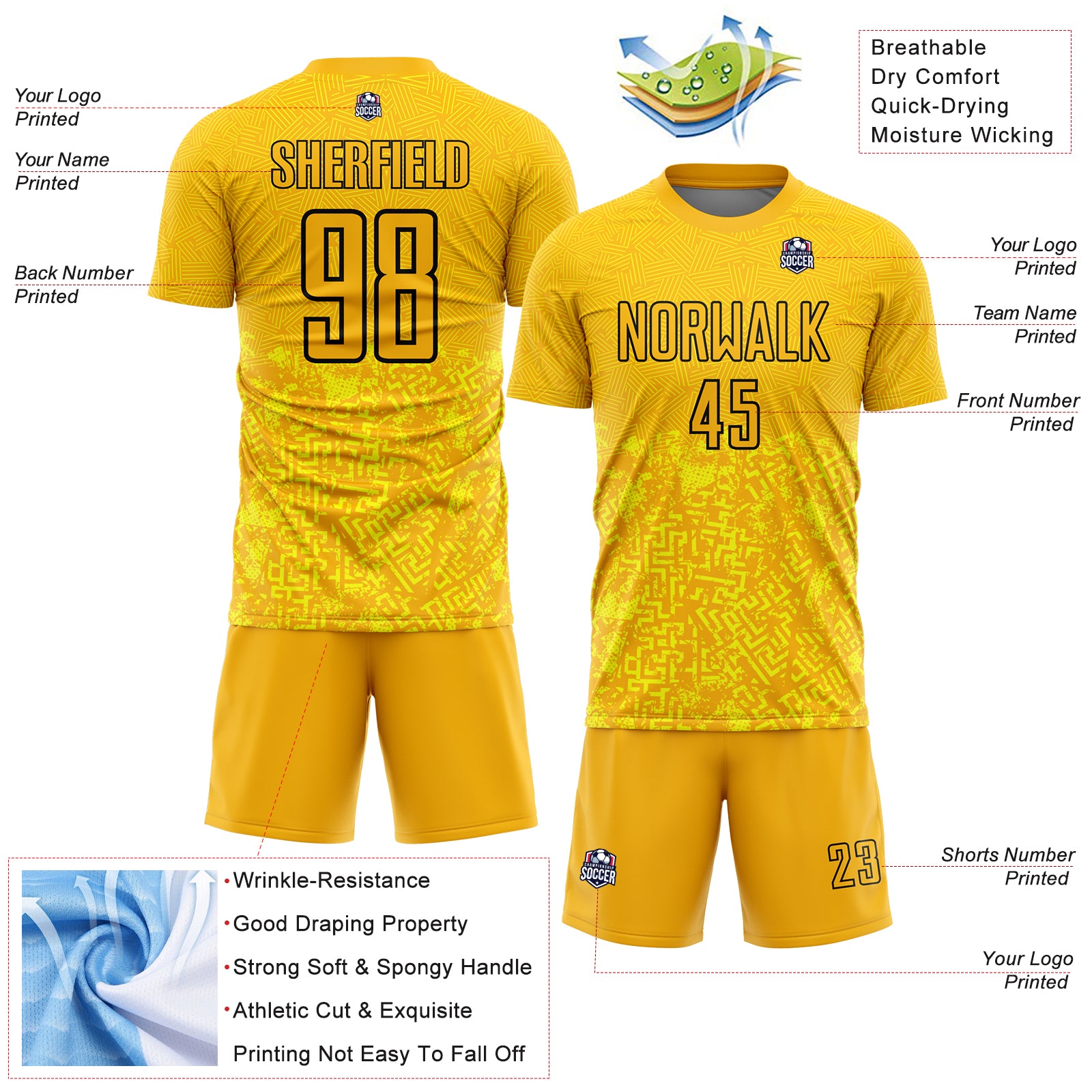 Personalized Gold Black Geometric Shapes Sublimation Soccer Uniform Jersey Team Custom Name and Number Custom Name Number Personalized Gold Black Geometric Soccer Jersey Uniform Personalized Gold Black Geometric Shapes Sublimation - Image 4