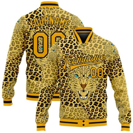 Custom Gold Black Leopard 3D Bomber Varsity Letterman Jacket for Men Personalized Gold Black Leopard 3D Bomber Full-Snap
