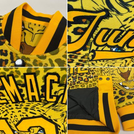 Custom Gold Black Leopard Jacket with 3D Pattern, Personalized Varsity Letterman Bomber with Name and Number Personalized