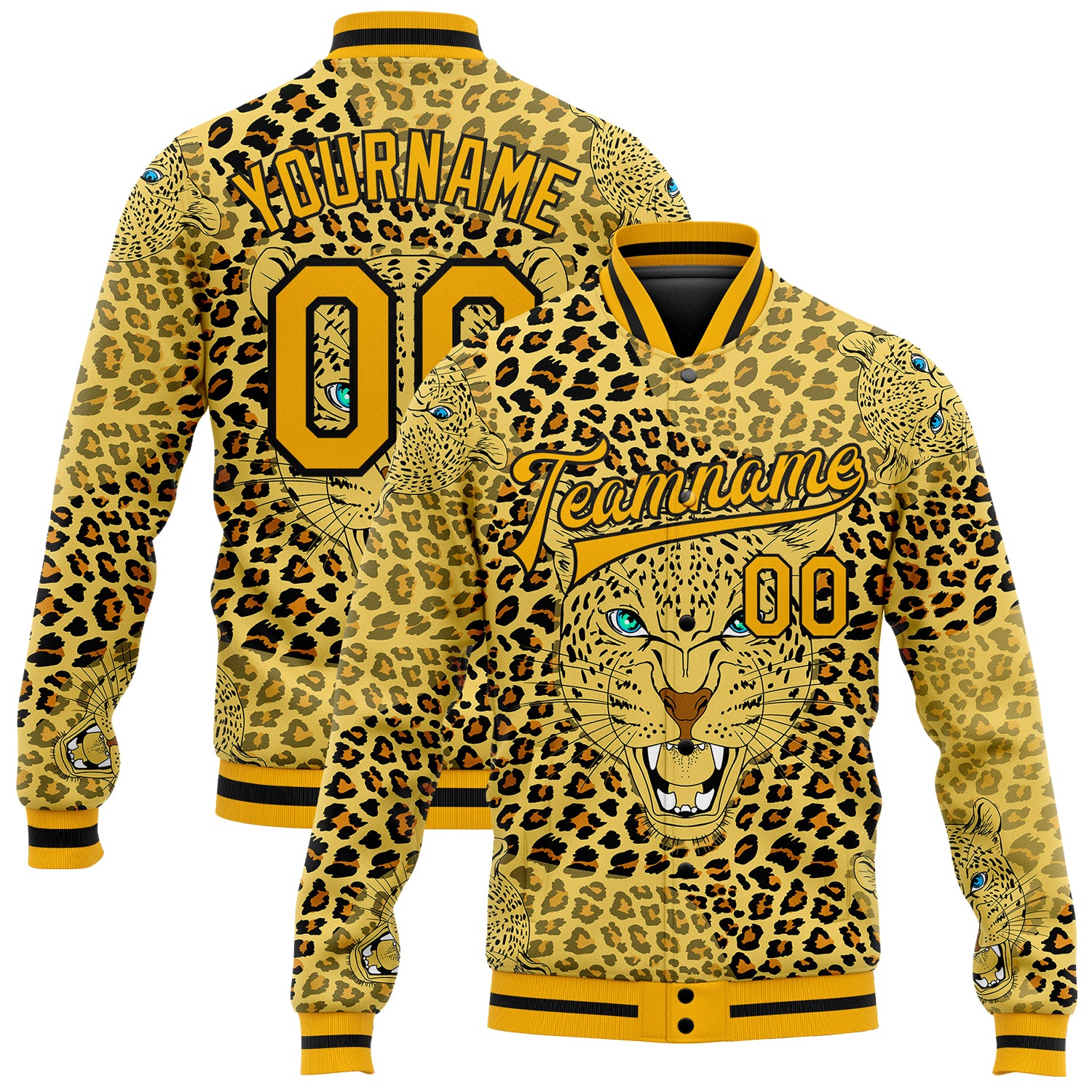 Custom Gold Black Leopard Jacket with 3D Pattern, Personalized Varsity Letterman Bomber with Name and Number Personalized
