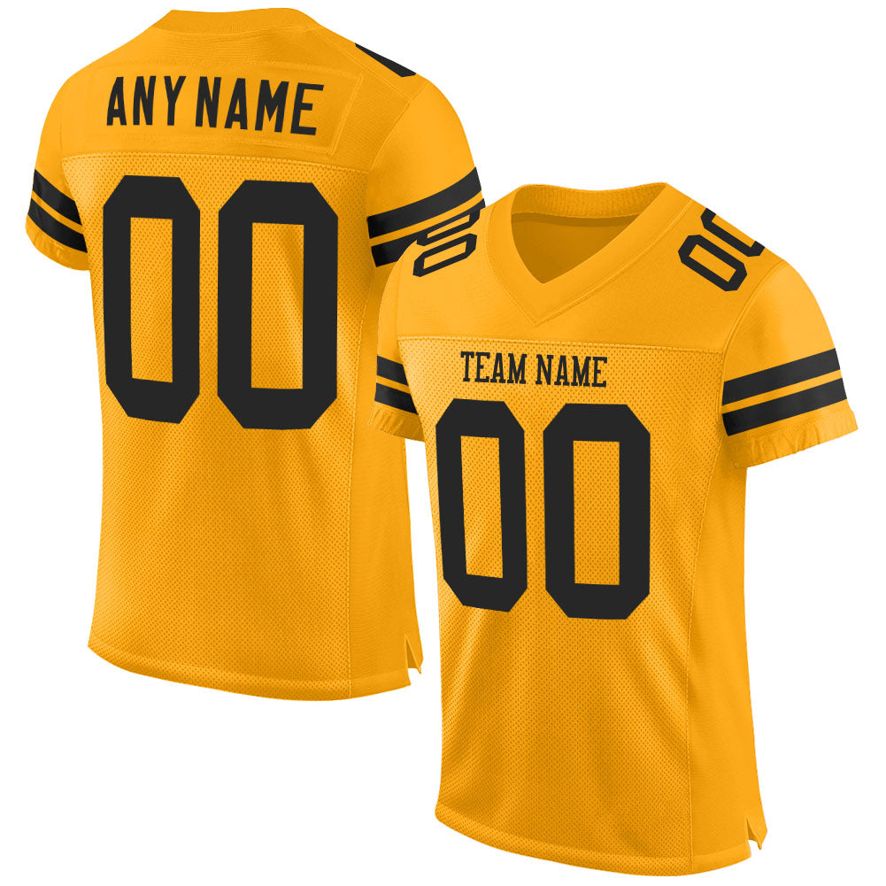 Custom Personalized Gold Black Mesh Football Jersey with Team Name and Number Personalized Gold Black Mesh Authentic Football