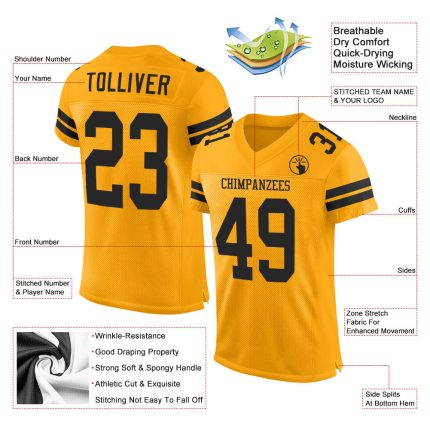 Custom Personalized Gold Black Mesh Football Jersey with Team Name and Number Personalized Gold Black Mesh Authentic Football