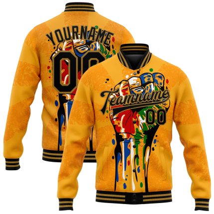 Custom Black History Month 3D Pattern Bomber Jacket with Personalized Name & Number - Gold Varsity Letterman Style Personalized