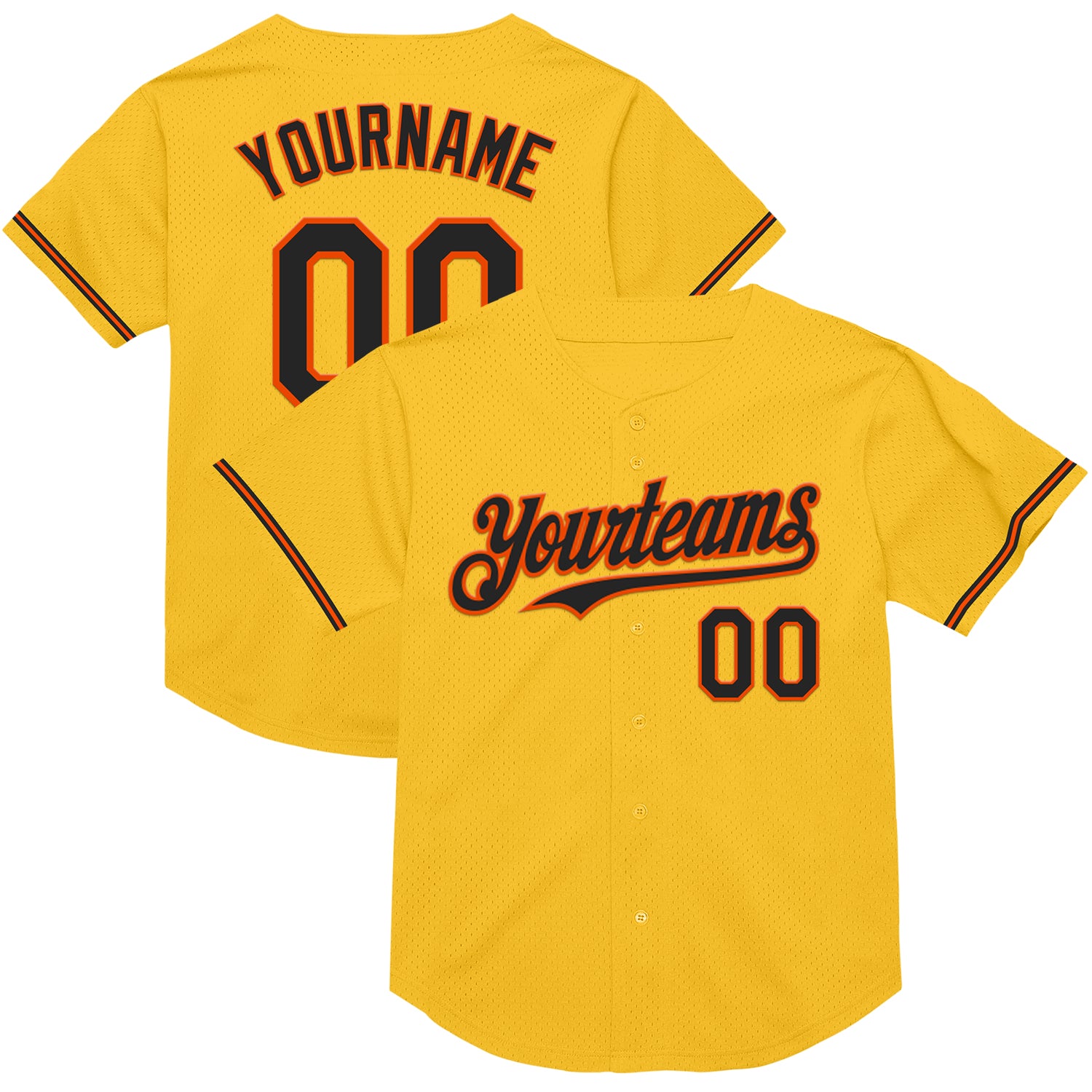 Customizable Gold Black-Orange Mesh Baseball Jersey with Name and Number - Authentic Throwback Design Personalized Gold Black-Orange