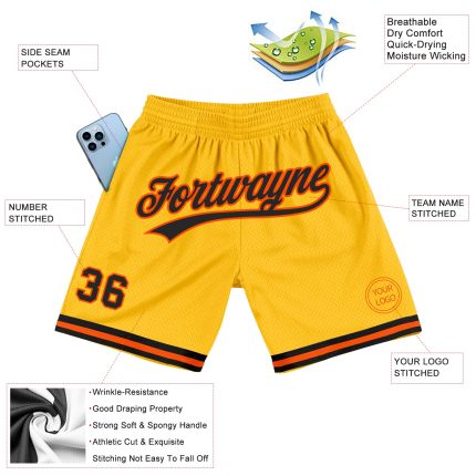 Personalized Gold Black-Orange Basketball Shorts for Men - Throwback Style Personalized Gold Black-Orange Throwback Basketball