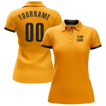 Custom Name and Number Golf Polo Shirt - Personalized Gold and Black Performance Team Shirt Personalized Gold Black Performance