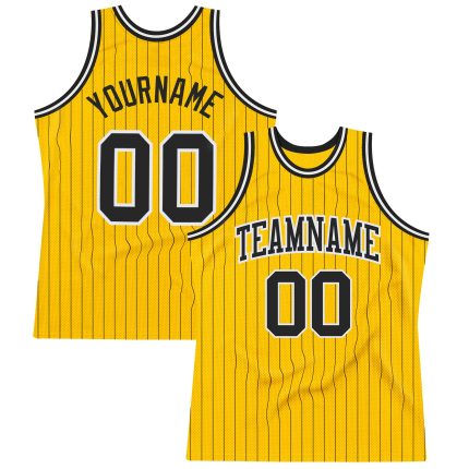 Personalized Authentic Basketball Jersey Black White Gold Pinstripe Design Personalized Gold Black Pinstripe Black-White