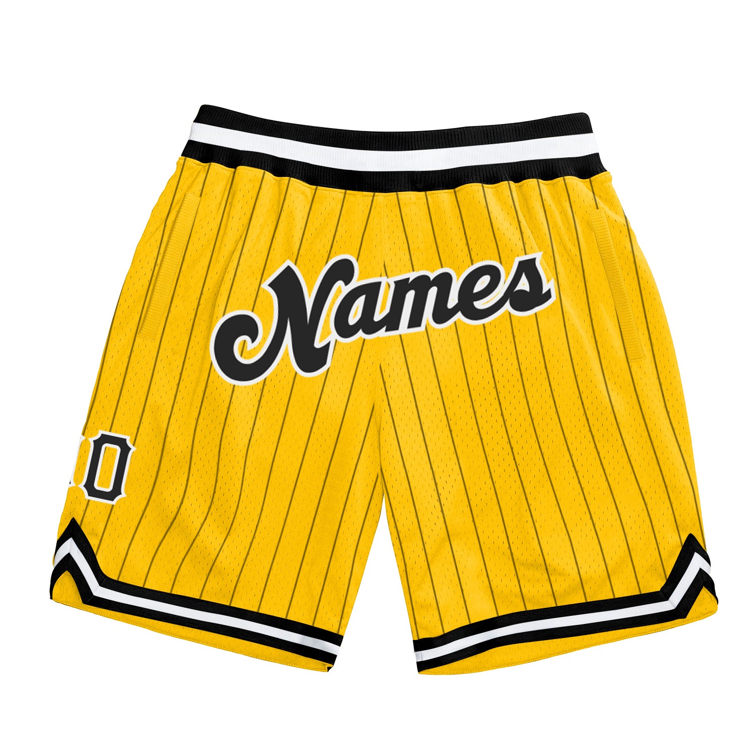 Custom Team Name Number Personalized Black-White Gold Pinstripe Basketball Shorts Authentic Personalized Gold Black Pinstripe