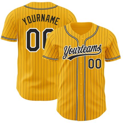 Personalized Black-White Gold Black Pinstripe Baseball Jersey for Men Personalized Gold Black Pinstripe Black-White Baseball