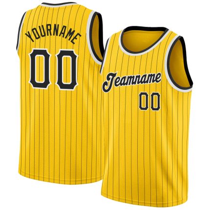 Personalized Black-White Basketball Jersey with Gold Pinstripes - Custom Sports Apparel Personalized Gold Black Pinstripe