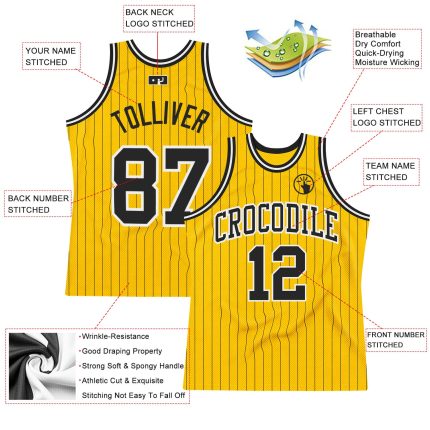 Personalized Gold Black Pinstripe Basketball Jersey for Men Women - Lightweight Sport Wear Personalized Gold Black Pinstripe