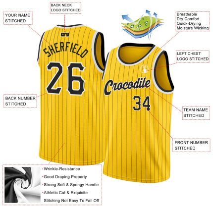 Personalized Black-White Basketball Jersey with Gold Pinstripes - Custom Sports Apparel Personalized Gold Black Pinstripe