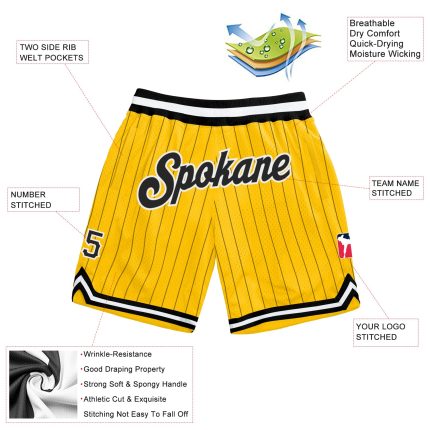 Personalized Black White Basketball Shorts with Gold Pinstripes - Custom Sportswear Personalized Gold Black Pinstripe Black-White