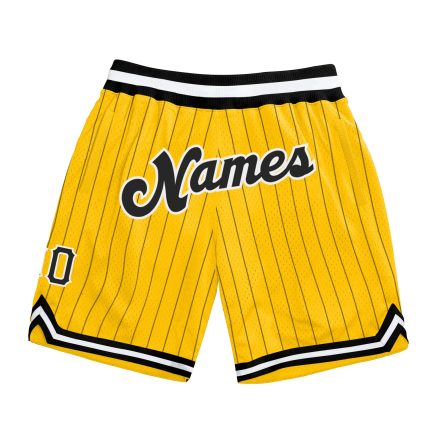 Personalized Black White Basketball Shorts with Gold Pinstripes - Custom Sportswear Personalized Gold Black Pinstripe Black-White