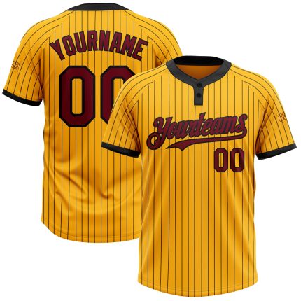 Custom Gold Black Pinstripe Two-Button Unisex Softball Jersey with Personalized Name and Number Personalized Gold Black Pinstripe