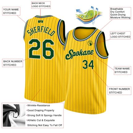 Personalized Green-Cream Basketball Jersey with Gold and Black Pinstripes Personalized Gold Black Pinstripe Green-Cream Basketball