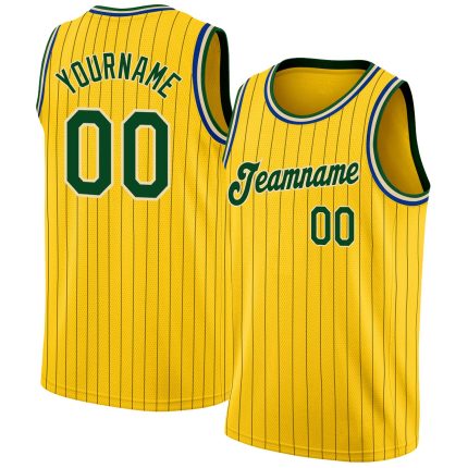 Personalized Green-Cream Basketball Jersey with Gold and Black Pinstripes Personalized Gold Black Pinstripe Green-Cream Basketball