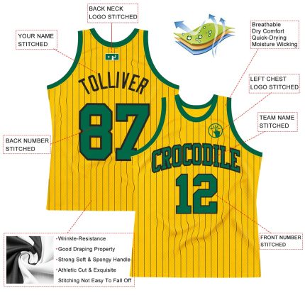 Custom Kelly Green Basketball Jersey with Gold and Black Pinstripes Personalized Gold Black Pinstripe Kelly Green Basketball