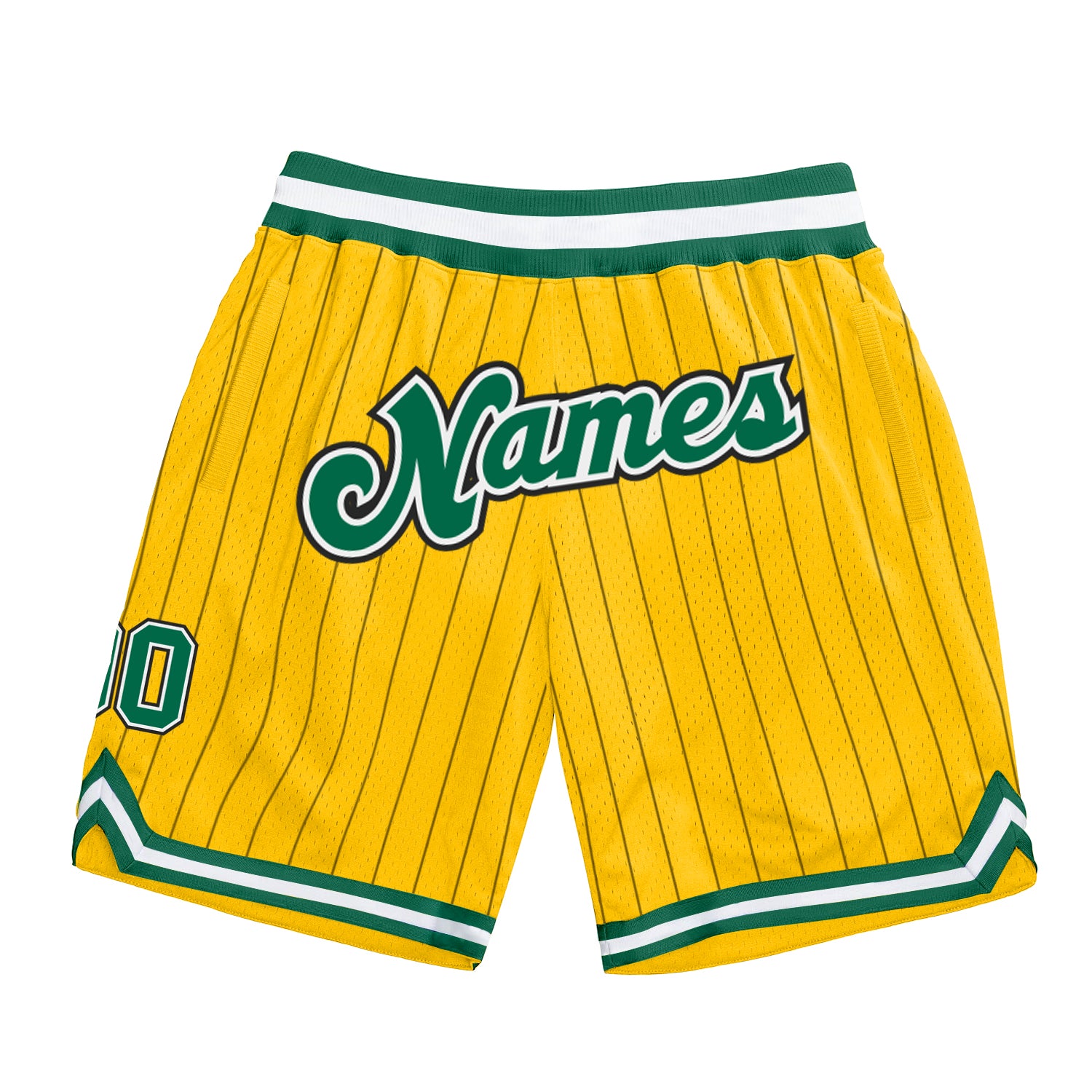 Custom Name Number Basketball Shorts - Personalized Authentic Kelly Green White Gold Black Pinstripe Design Personalized