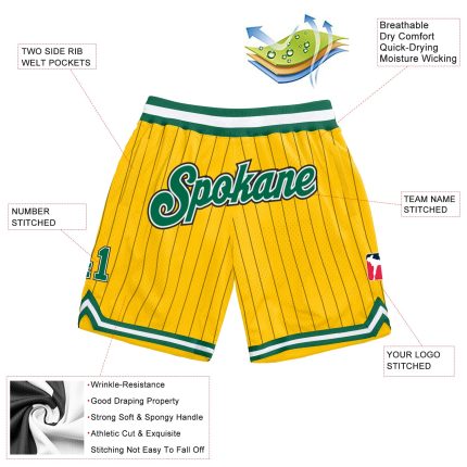 Custom Name Number Basketball Shorts - Personalized Authentic Kelly Green White Gold Black Pinstripe Design Personalized