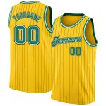 Personalized Green White Black Pinstripe Basketball Jersey - Gold Trim Personalized Gold Black Pinstripe Kelly Green-White