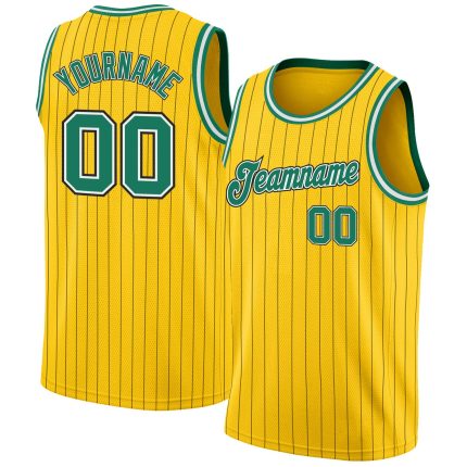Personalized Green White Black Pinstripe Basketball Jersey - Gold Trim Personalized Gold Black Pinstripe Kelly Green-White