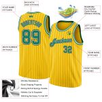 Personalized Green White Black Pinstripe Basketball Jersey - Gold Trim Personalized Gold Black Pinstripe Kelly Green-White