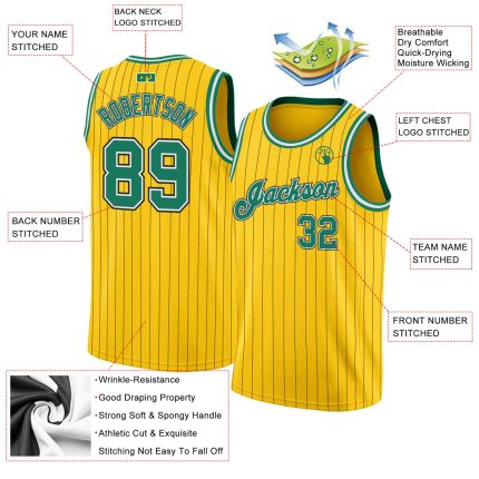 Personalized Green White Black Pinstripe Basketball Jersey - Gold Trim Personalized Gold Black Pinstripe Kelly Green-White